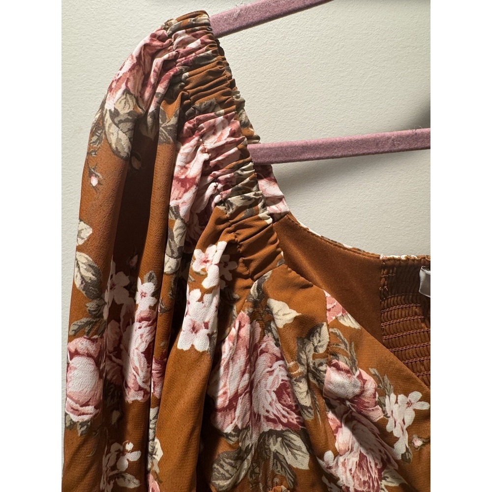 Wayf Womens Pecan Floral Peasant Baby Doll 3/4 Sleeve Mini Dress Sz Xs - Picture 4 of 13